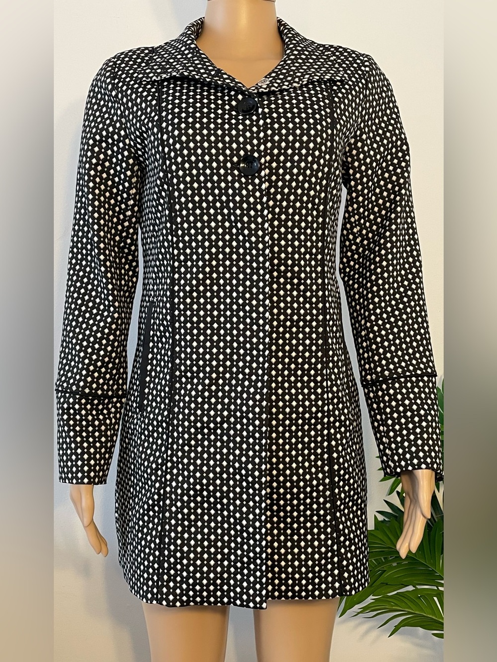 Elegant Black and White Patterned Trench Coat